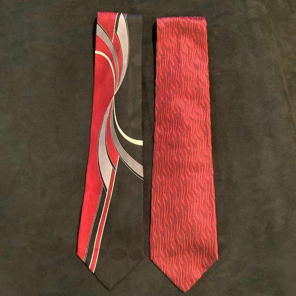 Silk ties lot of 2 Puritan & Serica, red black silver vintage prints